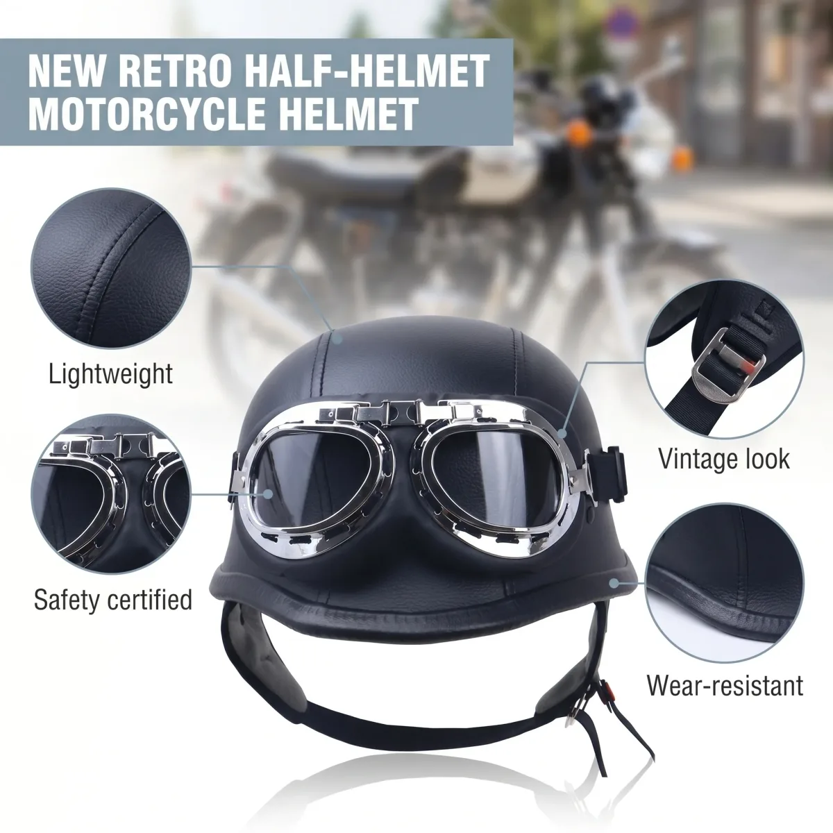 Casque demi-coque rétro en simili cuir