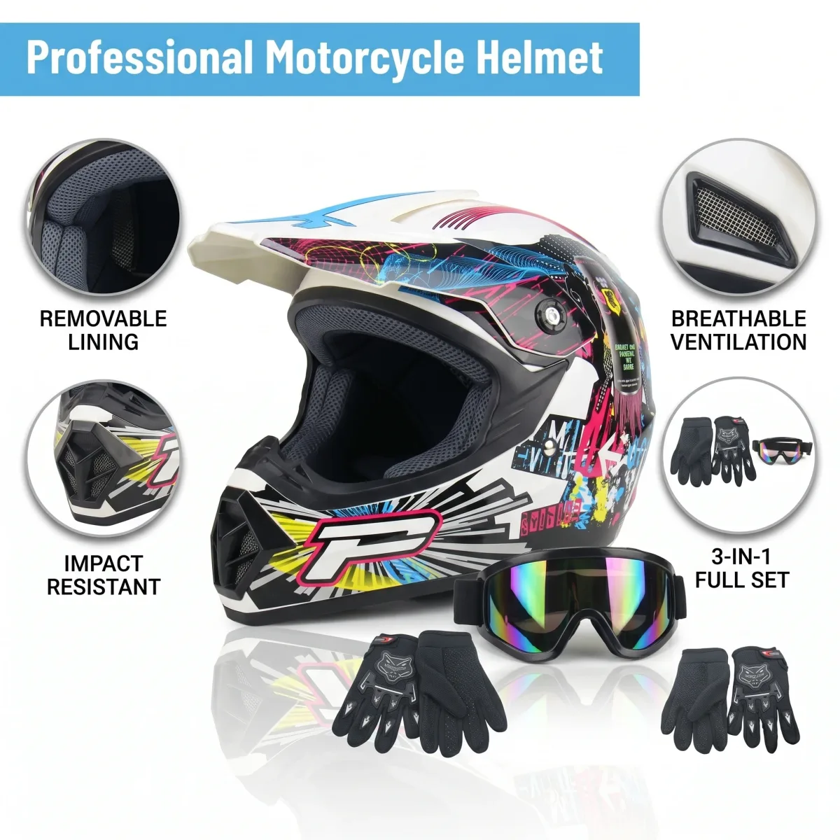 Casque intégral de moto avec lunettes et gants