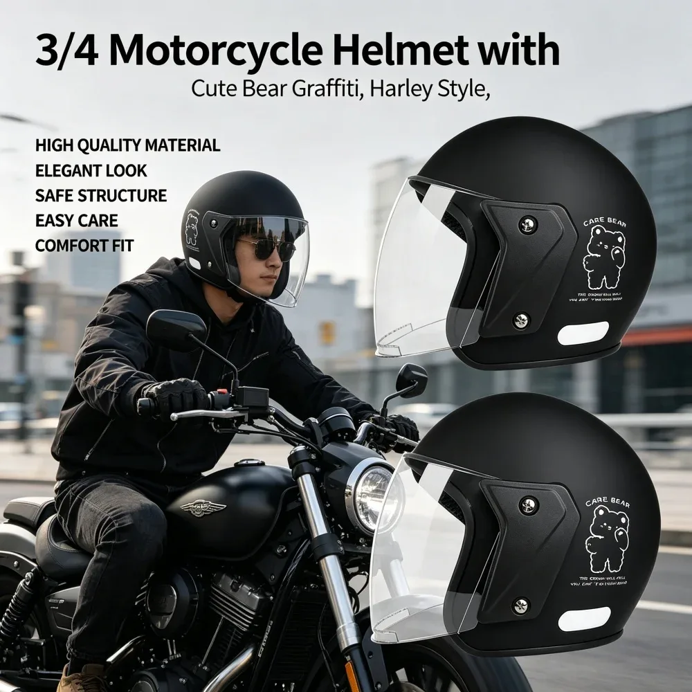 Casque moto 3/4 graffiti d'ours, coque ABS