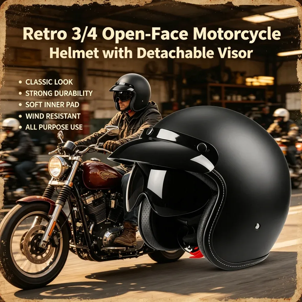 Casque moto rétro 3/4 ouvert à visière amovible